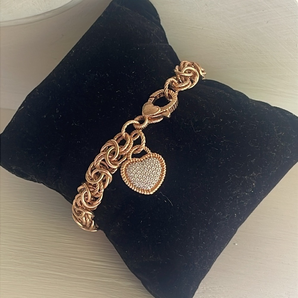Judith Ripka Rose Gold Clad Byzantine Heart Charm Bracelet Pave